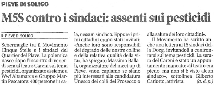 Articolo su La Tribuna di Treviso - 2013-06-11: sindaci invitati ma assenti al convegno sui pesticidi